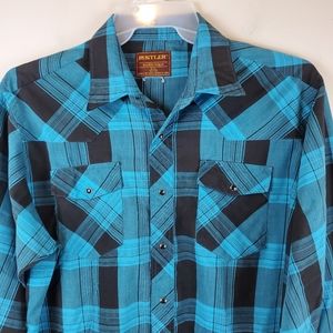 VTG 80s Rustler X Long Tails Plaid Western Black Pearl Snap Shirt L 16.5 32/33